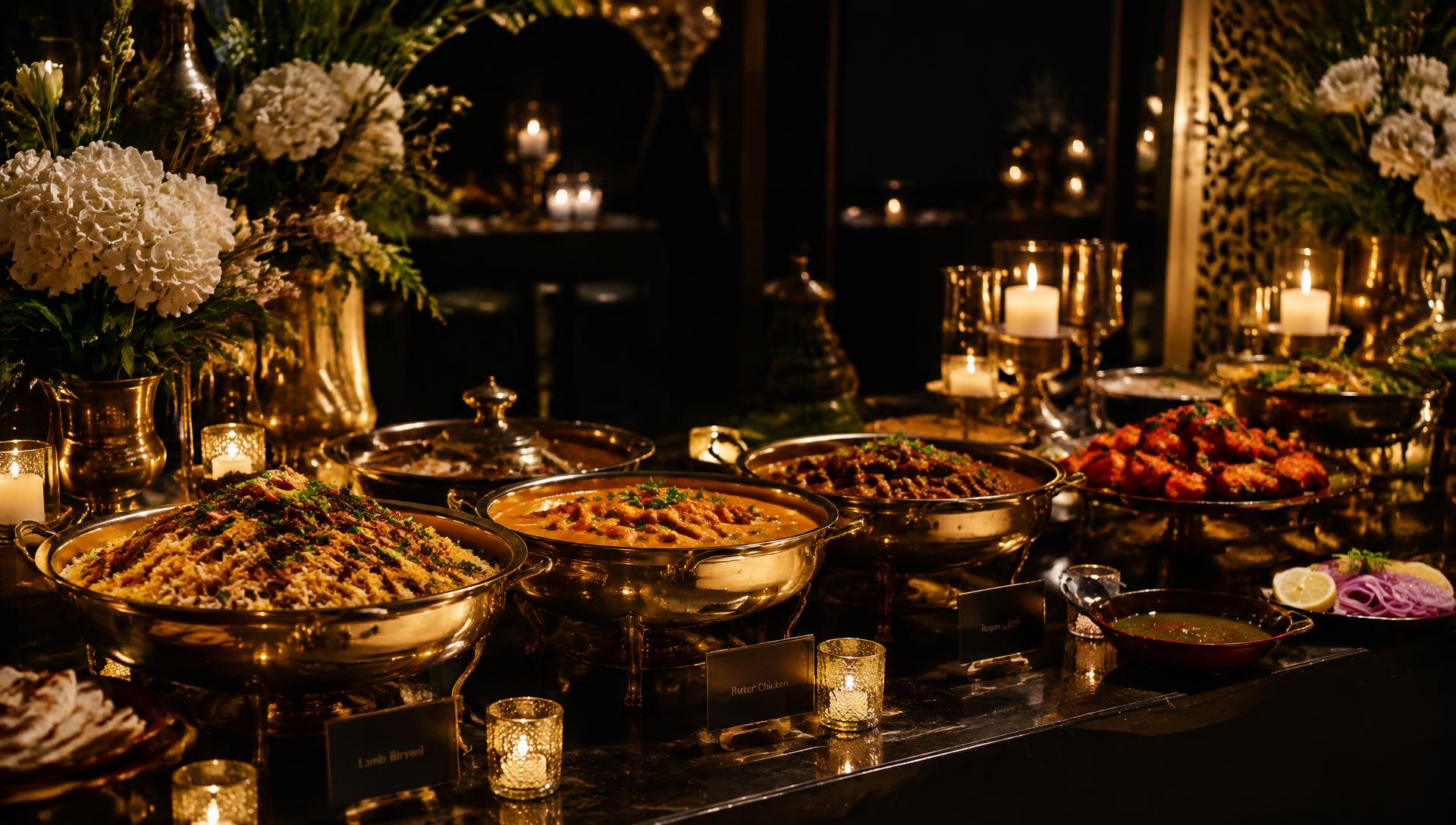 Indian catering buffet at an elegant evening event